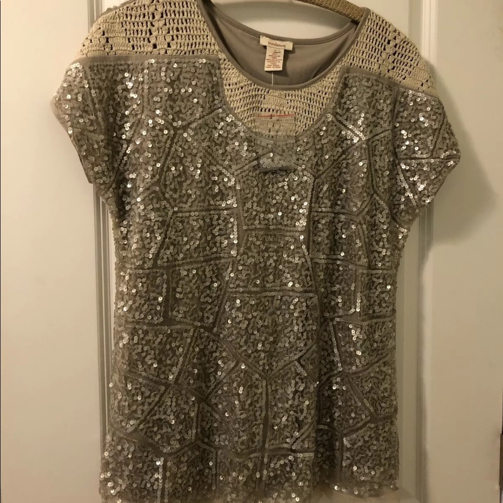 Sundance Full Sequin Tan with Crochet Bodice-Art to Wear Top Sz L-
